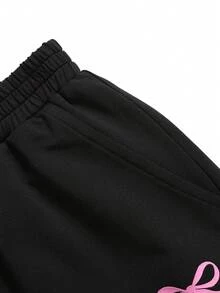 Girlism Tween Girls 2pcs/Set Black Knit Round Neck Short Sleeve Ruched Waist Bow Print Cropped Tight T-Shirt And Loose Wide Leg Pants/Sweatpants Casual Outfit - Black - View 7