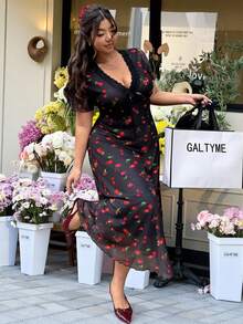 GalTyme Đầm midi cỡ lớn thanh lịch in họa tiết quả anh đào, viền ren, phù hợp cho việc đi làm. - màu đen - Xem 4