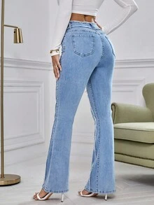 EMERY ROSE Quần jeans ống loe có túi, gấu quần rách cho nữ cỡ lớn - Màu xanh lam - Xem 2