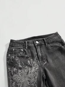ROMWE Grunge Punk Quần jeans nữ ống loe cạp thấp, kiểu retro grunge rách rưới, in hình dây leo và họa tiết thánh giá, gợi cảm. - màu đen - Xem 4