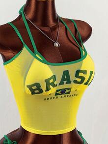 Amplova 3pcs Women's Swimsuit Set, Yellow-Green Contrast Brazilian Pattern Print, Including Camisole Top, Suitable For Party, Date, Vacation - Multicolor - View 11