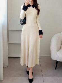 FRIFUL Damska sukienka sweterkowa z długim rękawem i kołnierzykiem w blokach kolorów, zdobiona perłowymi guzikami, dopasowana, wyszczuplająca, jesień/zima - Beżowy - Zobacz 3