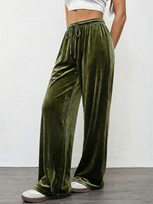 SHEIN EZwear 女士复古休闲黑色丝绒宽松阔腿裤，秋冬款 - 軍綠色 - 查看 4