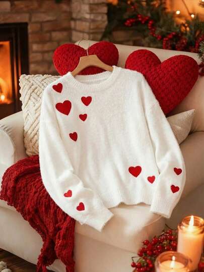 EMERY ROSE European And American Stylish Design Embroidered Heart Pattern Faux Mink Loose Pullover Sweater, Autumn/Winter Knit Pullover Fall Outfit