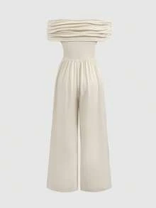 SHEIN Bộ áo liền quần dài trễ vai thoải mái, tối giản, dành cho bé gái tuổi teen. - Màu be - Xem 3