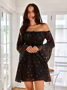 KARISMINA 女士时尚休闲优雅性感度假风爱心雪纺印花连衣裙，腰部抽绳设计，弹性极佳 - 紅色和黑色 - 查看 8