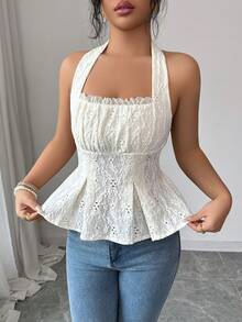 Feyla 女士优雅纯色提花露背吊带上衣，夏季 - 白色 - 查看 4