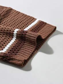 Manfinity KASUA Men's Contrast Stripe Short Sleeve Hollow Out Knit Top And Shorts Set,Summer Crochet Men S Short Set Men Vacation Short Sets Men Two Piece Casual Short Sets Knitted Two Piece Outfit Men Men 2 Piece Set Knit Two Piece Set Men Men Crochet Set Mens Matching Set Brown Sets For Men - Brown - View 5