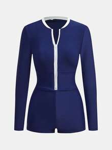 Maija 1 bộ áo tắm liền thân màu trơn dành cho nữ, thích hợp cho bãi biển/khu nghỉ dưỡng. - Màu xanh hải quân - Xem 6