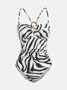 Maija Women's Vacation Zebra Print Ruched Circle Linked Fashionable One-Piece Swimsuit - Black - View 1