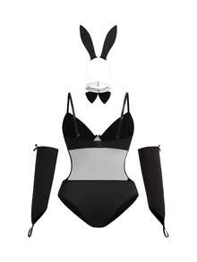 Fantasy Costume 4pcs/Set Cute Contrast Color Rabbit Print Sexy Plus Size Romper - Black and White - View 9