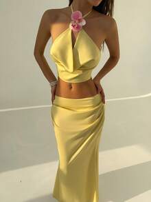RiviMae Women's Floral Decor Draped Neck Top And Skirt Set, Suitable For Daily Wear, Weddings, Banquets, Commuting, Graduation Parties, Holidays, Vacations And Other Occasions - Yellow - View 5