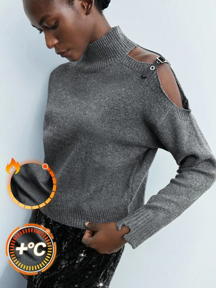 SHEIN Maija 2026 Women Cold Shoulder Sweater, Winter , Cozy Fall And Winter For Women, Women Autumn Winter, Halloween Costume, Christmas Sweater, For New Year ,Thanksgiving For Women, Modern Urban, Belt Buckle Design, Asymmetrical, High Neck, Long Sleeves, Women's Grey Sweater