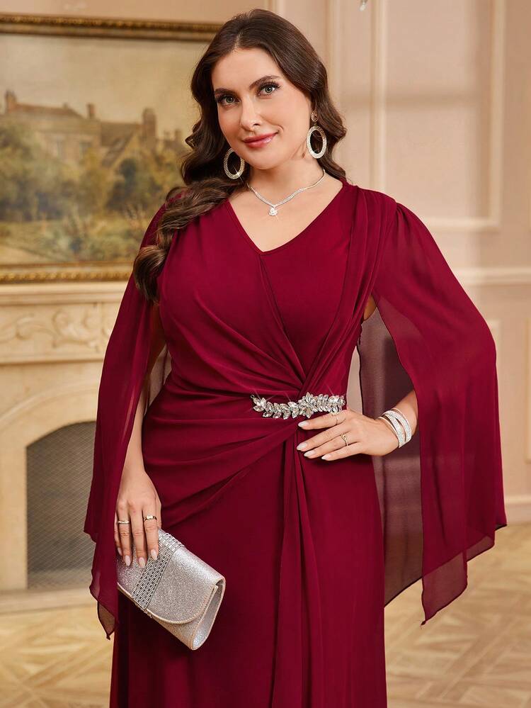 Reflora Plus Size Elegant Burgundy Formal Wedding Party Dress,Winter Rhinestone Embellished Evening Gown,Mother Of The Bride Dress,Luxury Women's Ceremony - Red - View 7