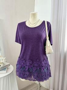 Lacomfia 女士圆领短袖蕾丝边拼接休闲百搭大码T恤 - 紫色 - 查看 7