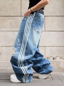 Manfinity EMRG Unisex  Distressed Pocket Design Flared Leg Jeans With Rhinestone Embellishment, Versatile For Daily Wear - Medium Wash - View 3