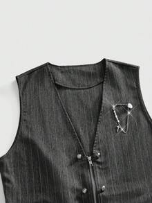 ROMWE MEN Goth Men's Striped Zip-Front Casual Versatile Commuter Vest - Black - View 9