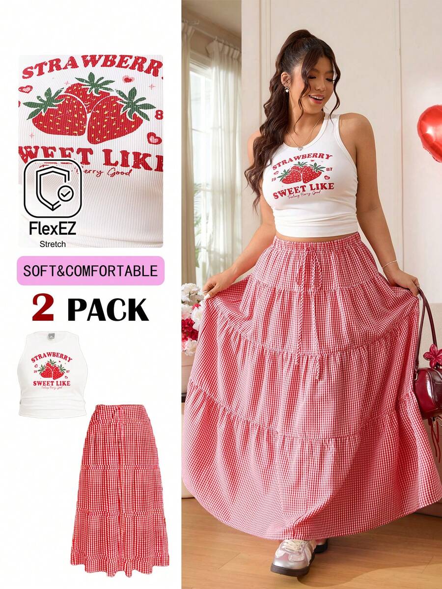 Solflare 2026春夏新款情人节度假休闲日常派对约会音乐节返校新年草莓字母印花弹力针织吊带背心和红白格子宽松A字裙两件套，大码