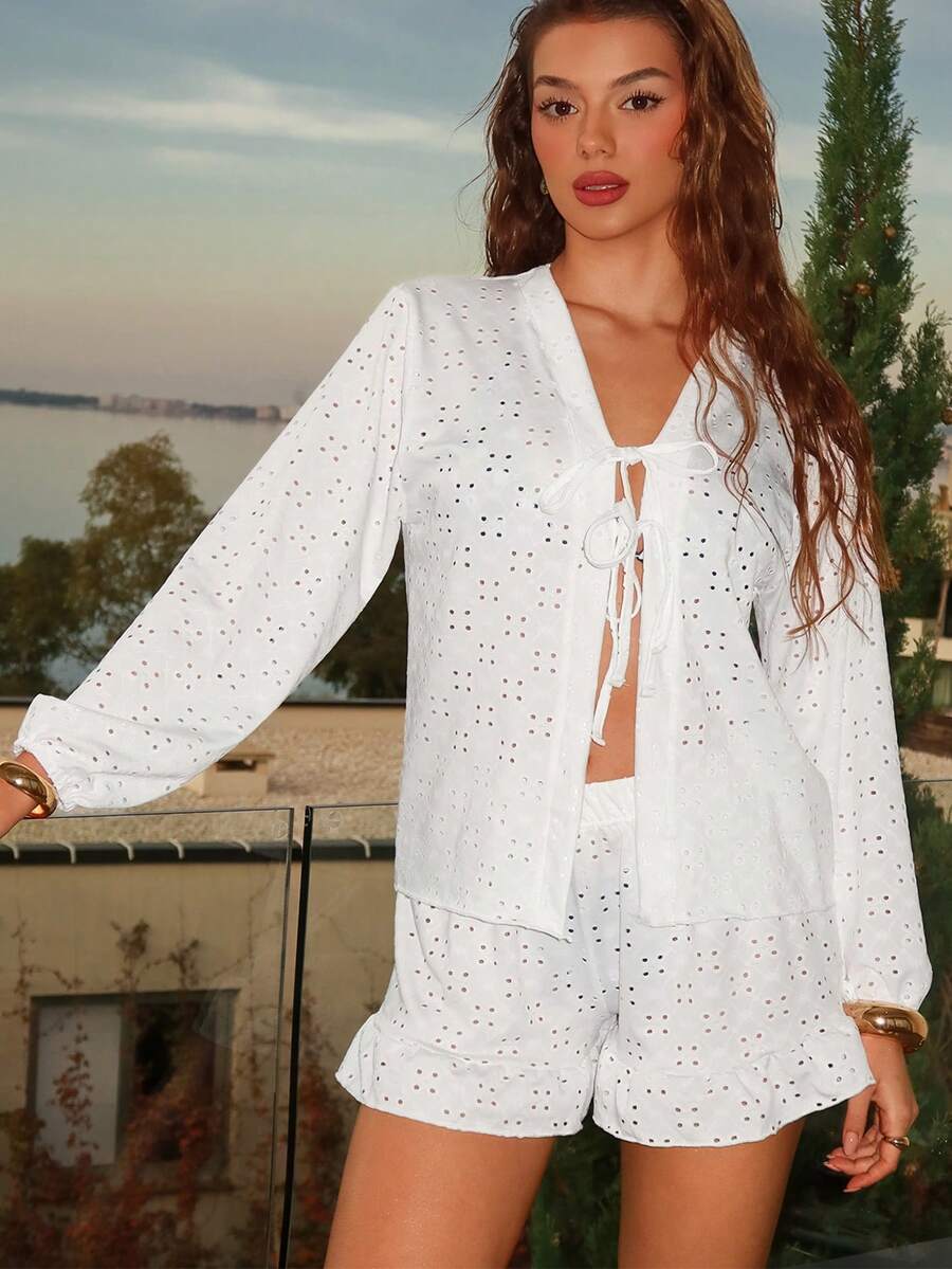 Bonvoyette 春夏新款白色单层梭织短裤，优雅度假风女士泳装下装 - 白色 - 查看 1