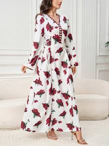 Yasmyna 女士印花V领腰带设计优雅阿拉伯连衣裙 - 彩色 - 查看 4