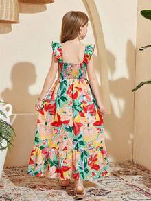 SHEIN 少女款梭织印花方领短袖长款连衣裙，夏季连衣裙，碎花连衣裙，短袖，方领，母女装 - 彩色 - 查看 2