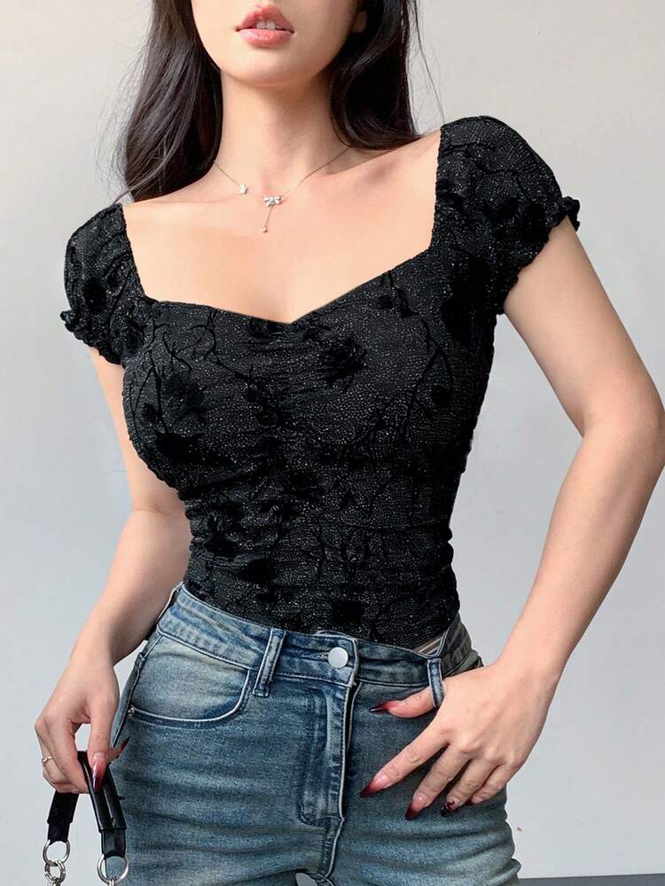 Women's Square Neck Flocked Shiny Textured Fabric Fitted Short Sleeve Vacation Style T-Shirt