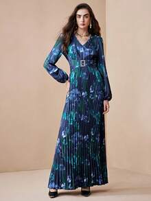 Arave Đầm maxi dài tay cổ chữ V nhuộm màu tie-dye đính đá và cúc kim loại, kiểu dáng thanh lịch, thắt eo, thích hợp cho kỳ nghỉ và tiệc tùng. - Nhiều màu - Xem 3