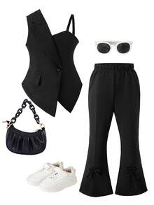 Elladie kids Mädchen Sommer Neues Design ärmelloses Top mit asymmetrischem Saum und weiter Hose Set, lässiger grüner frischer Modestil Outfit - Schwarz - Übersicht 4