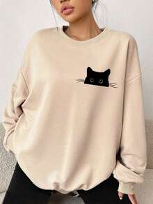 SHEIN EZwear Black Cat Peeking Cute Graphic Print Casual Loose Fit Crew Neck Long Sleeve Thick Sweatshirt For Women, Autumn/Winter - Apricot - View 7