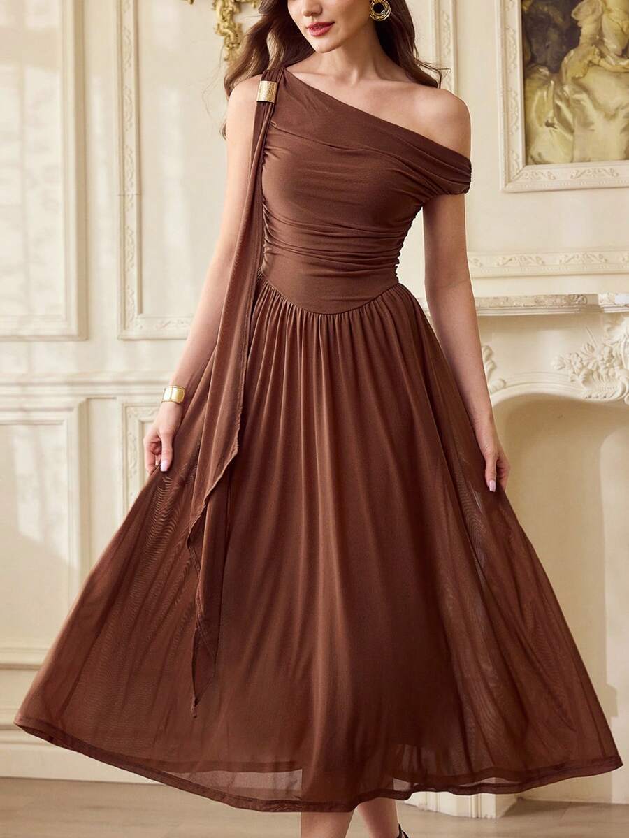 Vintamour Vintage elegantes Damenkleid mit Metallschnalle, elastisches Mesh-Gewebe, Lässig Resort Urlaubsparty Kleid, Sommerkleid, langes Sommerkleid für Damen, Sommeroutfits für Damen, Sommerkleidung, Frühlingsoutfit Damen, Frühlingsbreak-Outfits, Valentinstag, Valentinstagoutfits für Damen, Valentinstagkleid, Valentinstagkleidung, Valentinstagoutfit, elegante Kleider für Damen, elegantes Kleid Damen, braunes Kleid - Braun - Übersicht 1