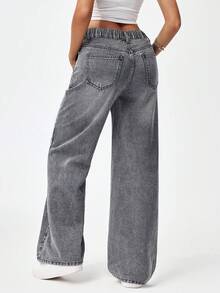 SHEIN Unity Plus Size Y2K Women Loose Fit Straight Leg Jeans, Vintage Washed Gray Casual Cowboy Outfits High Waisted Denim Pants - Grey - View 2