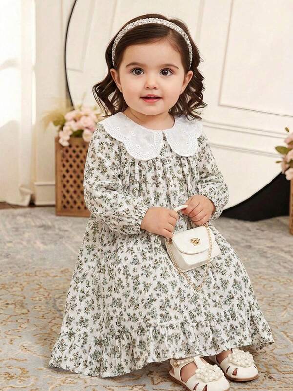 LMoss Kids Baby Girl Woven Plaid Casual Puff Sleeve Dress