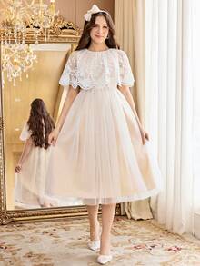 SHEIN 少女蕾丝网纱束腰派对鸡尾酒公主裙 - 白色 - 查看 5