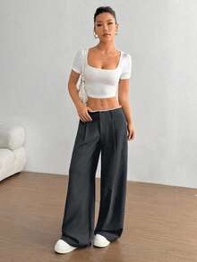 SHEIN Unity 2026 复古新款百搭通勤商务女式垂褶直筒裤，腰部拼接高端设计修身灰蓝色长裤 - Iron Gray - 查看 5