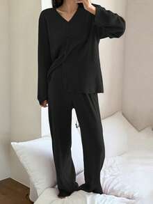 DAZY 2pcs Women Casual Striped Textured Fleece Cardigan And Pants Pajama Set, Spring - Black - View 4