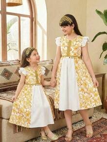 Sparklyn Tween Girl Traditional Arabic Clothing Elegant Metallic Floral Beaded Lace Trim Round Neck Cap Sleeve Dress, Suitable For Daily Gatherings, Parties, Formal Occasions - Yellow - View 1