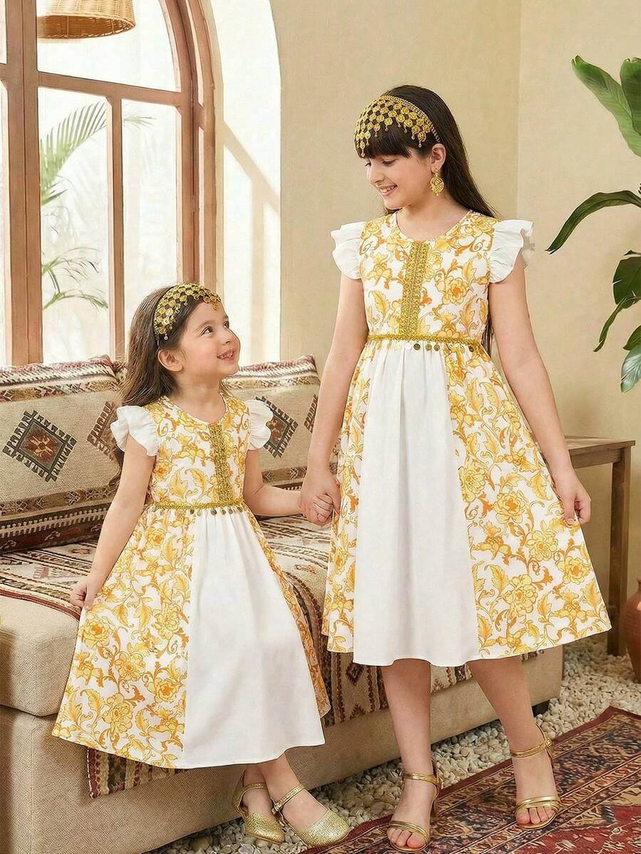 Sparklyn Tween Girl Traditional Arabic Clothing Elegant Metallic Floral Beaded Lace Trim Round Neck Cap Sleeve Dress, Suitable For Daily Gatherings, Parties, Formal Occasions - Yellow - View 1