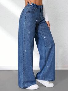 SHEIN Tall Women's Rhinestone Pocket Wide Leg Loose Casual Versatile Jeans - Medium Wash - View 4