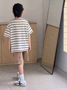Tween Boy Casual Patch Contrast Collar Round Neck Striped Knit Loose T-Shirt - White - View 3