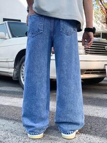 SHEIN Tween BoyBlue Distressed Loose Straight Leg Jeans - Blue - View 2