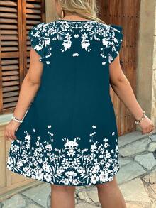 SHEIN VCAY Đầm nữ cỡ lớn in hoa, cổ tròn, tay ngắn, kiểu dáng thường ngày. - Màu xanh lam - Xem 2