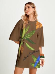 CAJUNI Đầm nữ dáng rộng cổ tròn tay ngắn in họa tiết cây nhiệt đới, thích hợp mặc đi nghỉ mát. - màu nâu - Xem 4