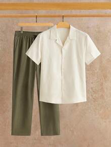 HIMLAND 男士多色休闲简约撞色短袖提花衬衫长裤套装，带口袋，男士度假装，男士提花衬衫套装，男士两件套，男士休闲套装，男士衬衫长裤套装 - 彩色 - 查看 12