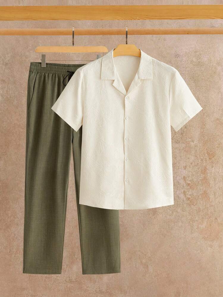 HIMLAND Men's Multicolor Casual Minimalist Colorblock Co-Ord Short Sleeve Jacquard Shirt And Pants Set With Pockets Mens Vacation Outfit Mens Jacquard Shirt Set Mens Two Piece Outfit Mens Casual Set Mens Pants And Shirt Set - Multicolor - View 12