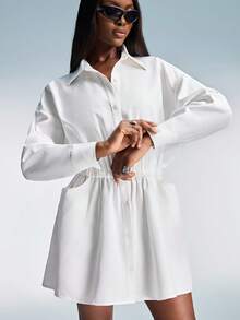 Aveloria GENKIRA New Oversized Simple White Casual Loose Dual Pocket Cinched Waist Versatile Long Sleeve Dress - White - View 5