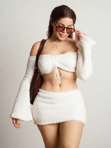 Lupita Cardoza 2 件套女士露肩喇叭长袖 Y2K 白色蓬松上衣和低腰裙子套装，冬季 - 白色 - 查看 3