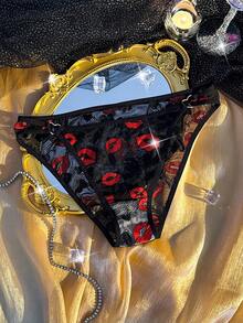 1件情人节女士全包覆红色嘴唇蕾丝吊坠心形镂空金属设计内裤 - 彩色 - 查看 3