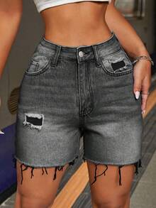 SHEIN PETITE 女士休闲做旧毛边牛仔短裤，带口袋 - 深灰色 - 查看 4