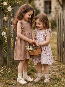 SHEIN Vintaside Kids 两件套女婴休闲纯色粉色碎花无袖连衣裙，适合户外玩耍或居家穿着。 - 彩色 - 查看 6