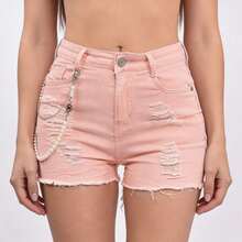 Shorts de Mezclilla Con Desgarre Para Mujer - Rosa Pálido - Ver 2